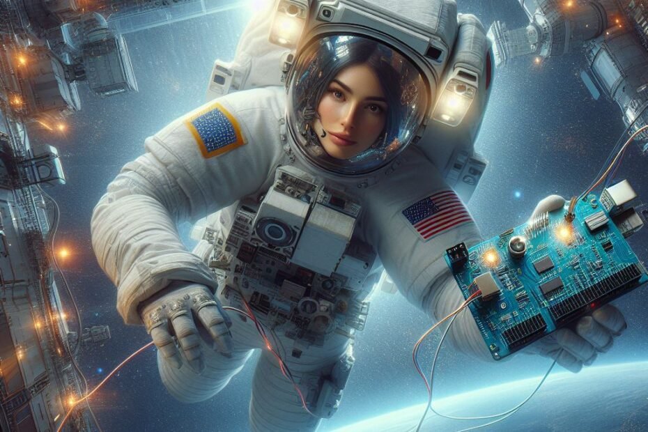 Astronaut skiing on the moon holding an Arduino board with Earth in the background.